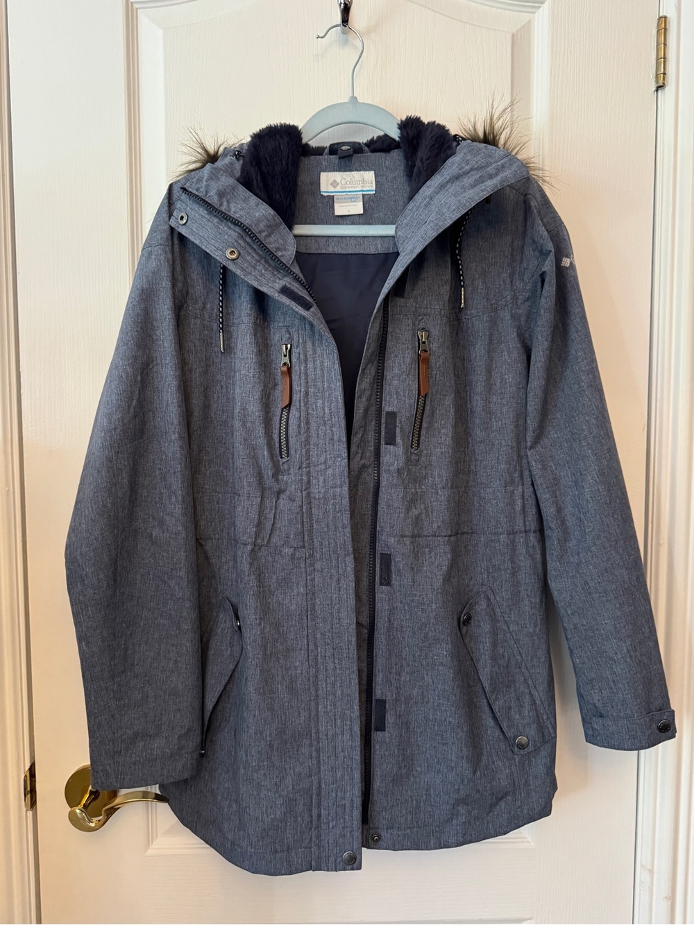 Columbia. Blue Gray Heather Hooded Raincoat with Faux-Fur Trim (size 6-8)